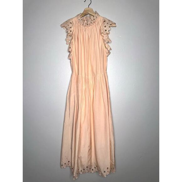 Magali Pascal Corinne Silk Blend Midi Dress Peach/Orange Ruffle Sleeve Small - Picture 2 of 9